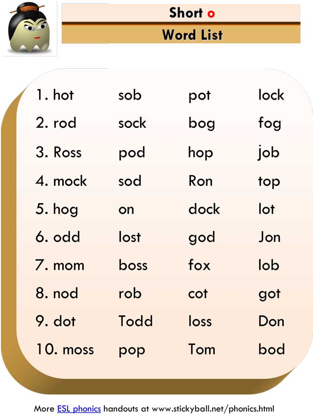 Short O Word List And Sentences